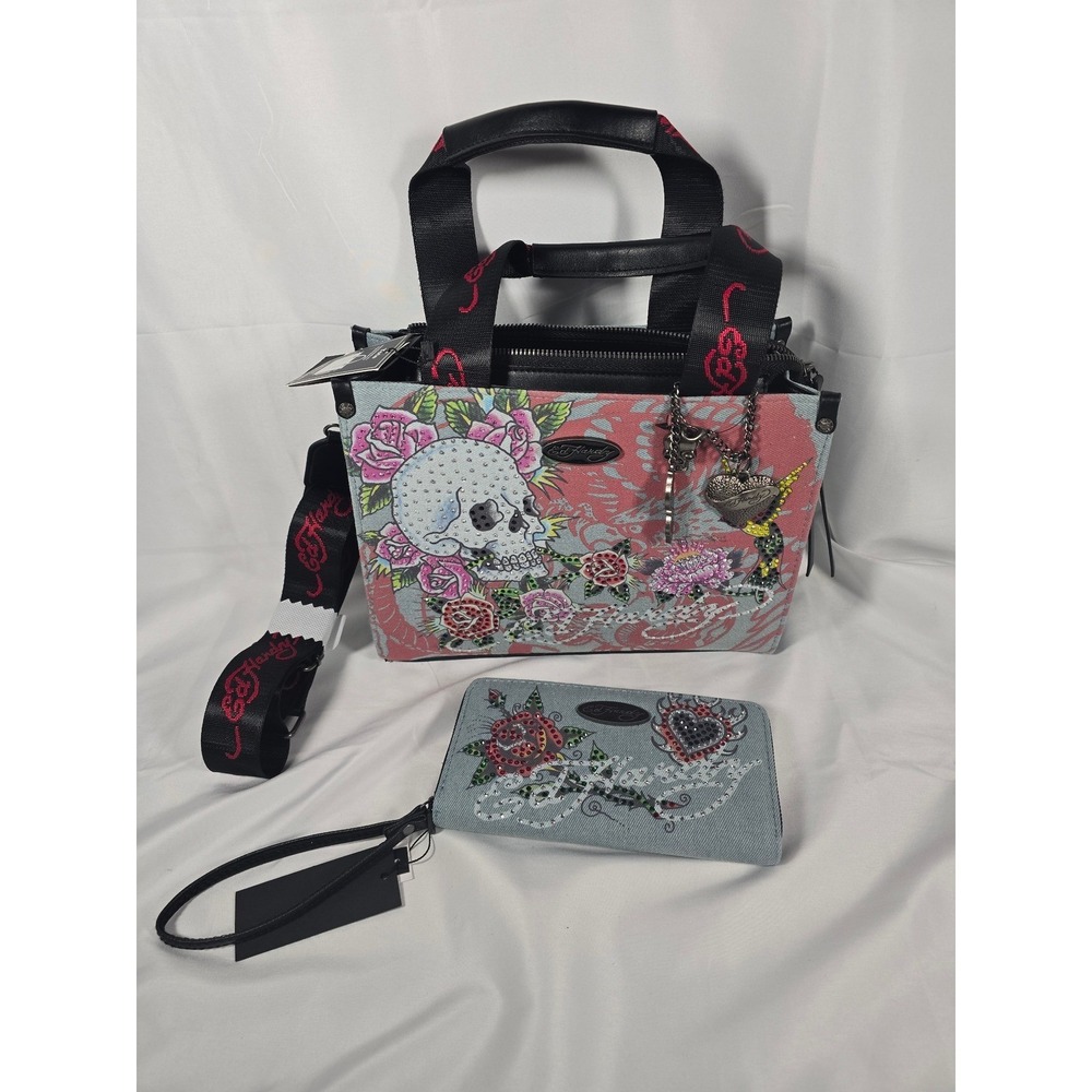 Ed Hardy Denim Handbag Purse Wallet nwt Set Skull Rose Rhinestone Blue Pink Rock
